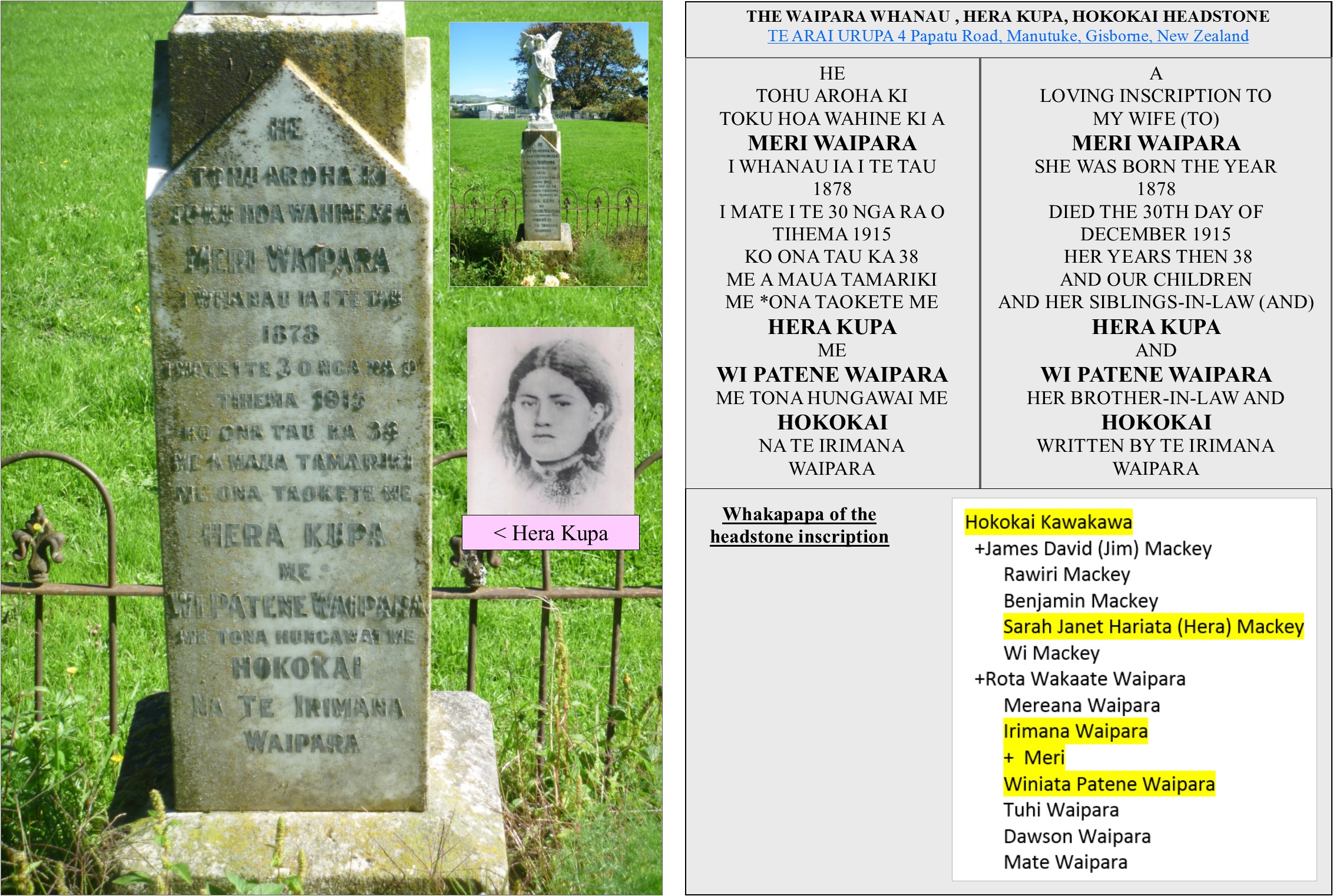 Hokokai, Sarah Mackey, Wi Waipara, Irimama Waipara, Meri (Headstone)