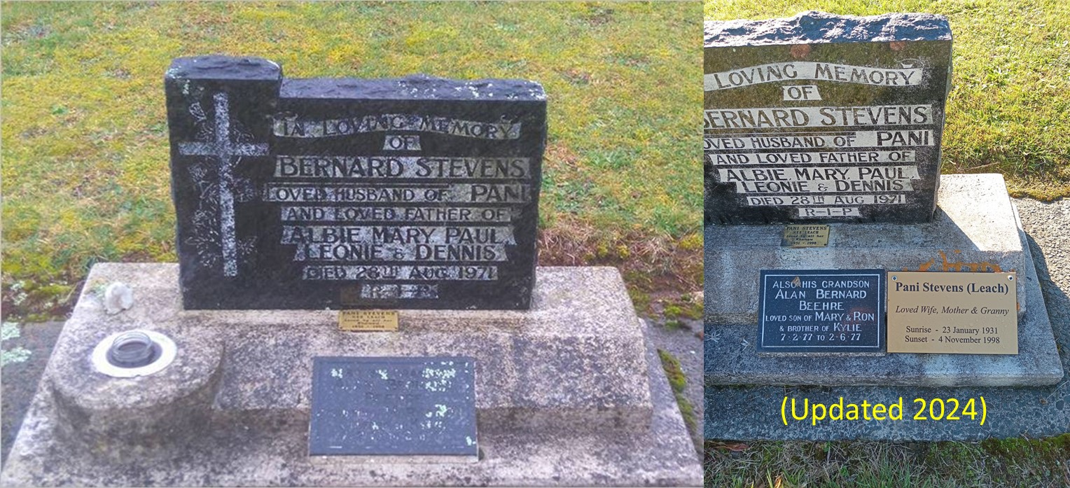 Stevens and Beehre, Bernard Leo (Bernie), Pani and Alan Bernard (Headstone)